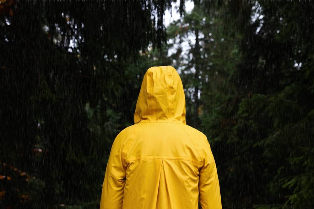 femme de dos dans une forêt avec un ciré jaune Petit Bateau