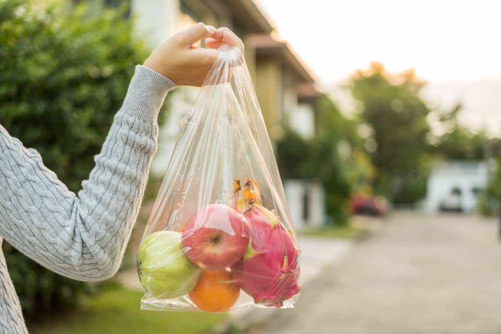 main d'une femme tenant un sac en plastique avec des fruits récupérés via l'application Phenix